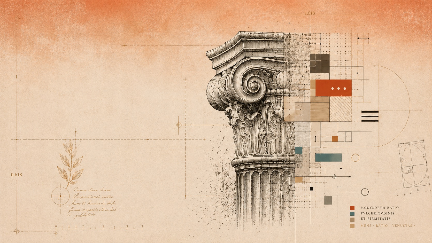 An engraved study of a classical column capital dissolving into modern design fragments, the deliberate craft behind Aurelius-Web.